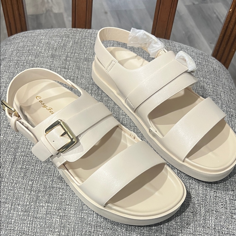 Cream Sandals with Gold Buckle